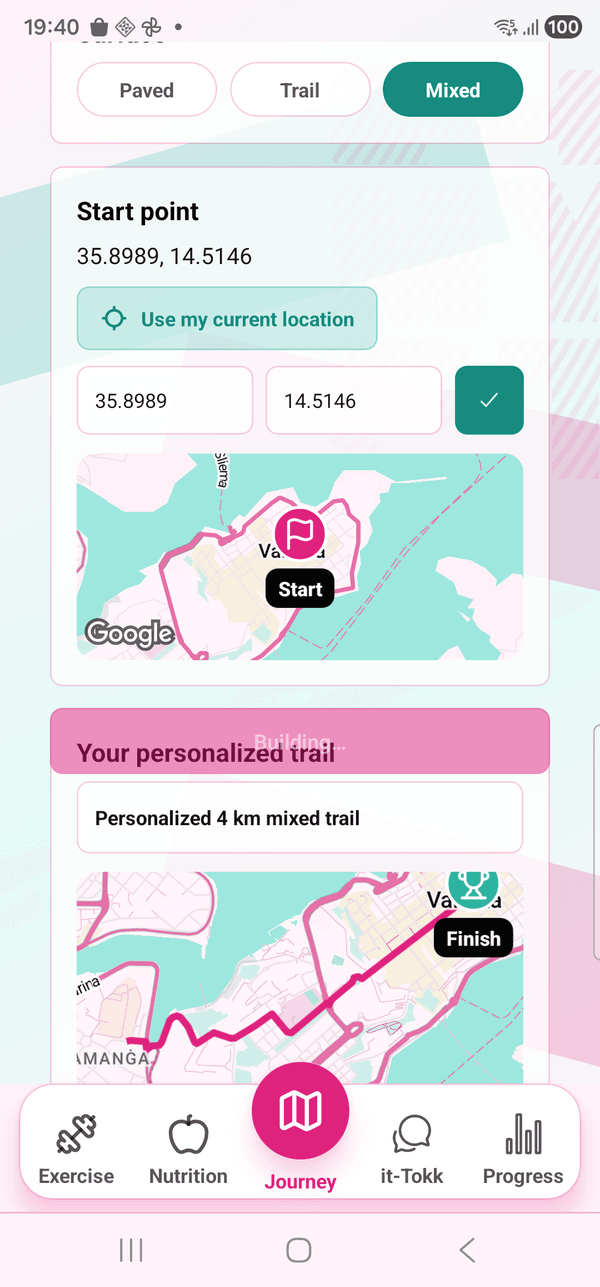A walking route generated by the app with elevation, distance and turn-by-turn cues