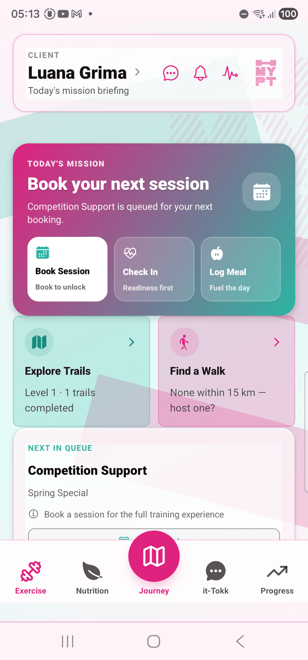 The MyPT app home screen showing today's plan, training cards, and progress rings